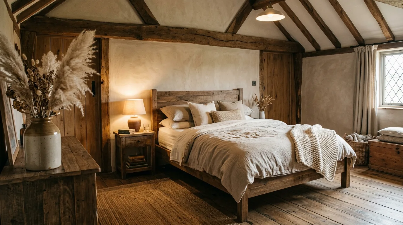 Bring in exposed or reclaimed wood character inspiration for an earthy bedroom.